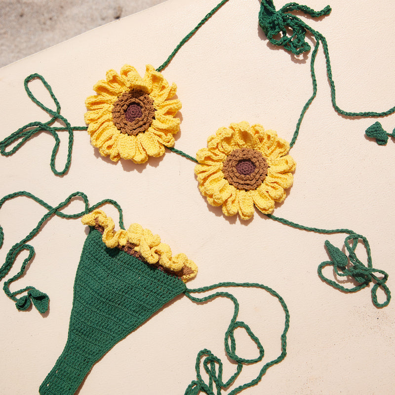 Sunflower Print Crochet Trim One Piece Swimsuit